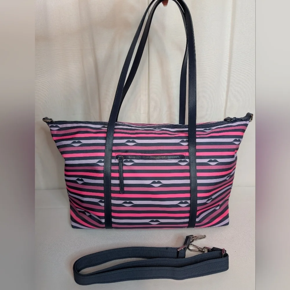 Kate Spade Jae Nylon Pink Striped Patrice Lip Weekender Duffel Bag Like New